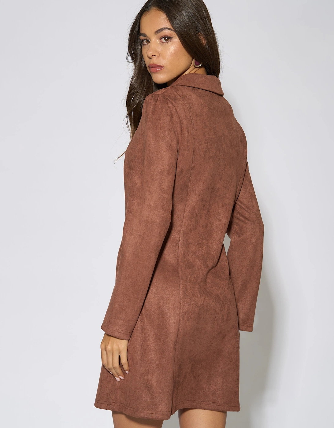 Brown Faux Suede Zip Front Mini Dress