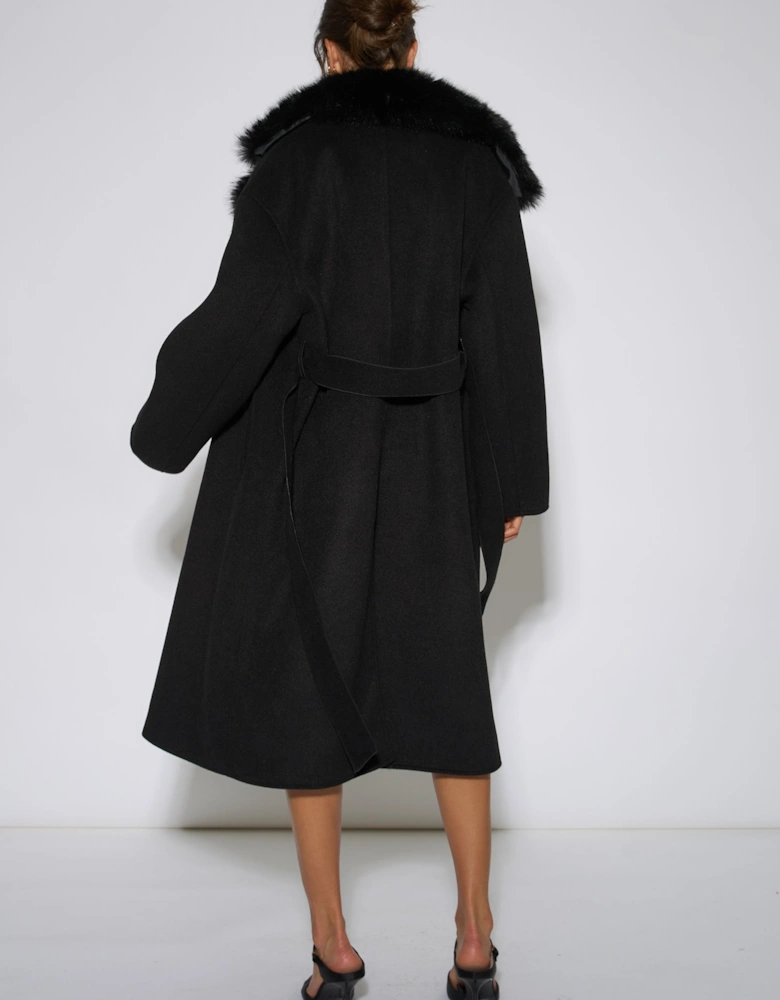 Black Faux Fur Trim Collar Longline Coat