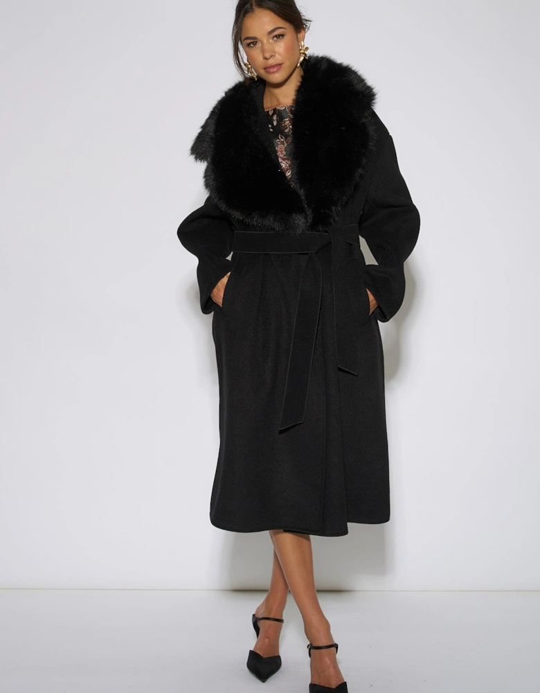 Black Faux Fur Trim Collar Longline Coat