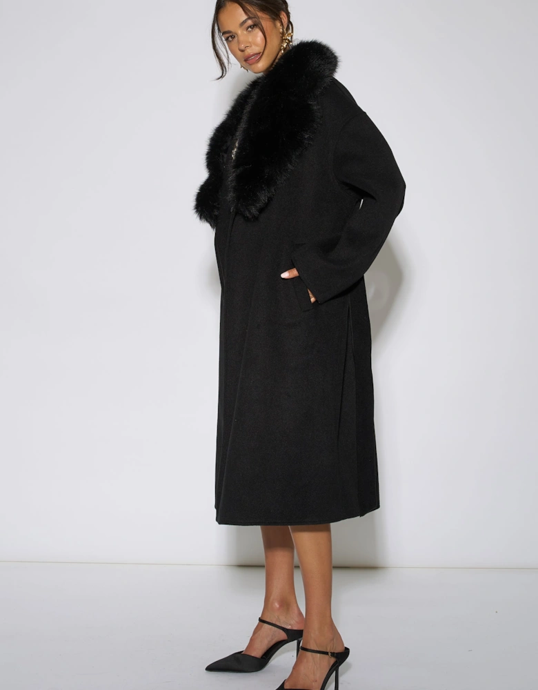 Black Faux Fur Trim Collar Longline Coat