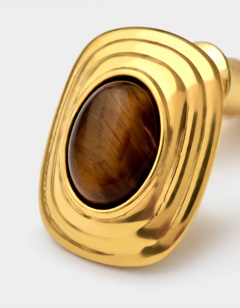 Tigers eye waterproof button stud gold earrings