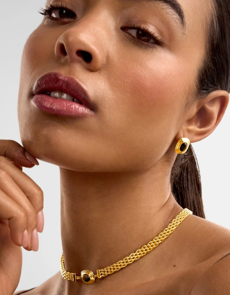 Tigers eye waterproof button stud gold earrings