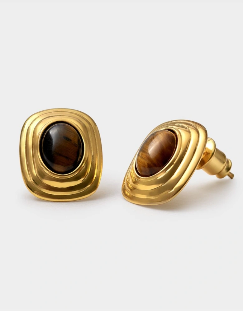Tigers eye waterproof button stud gold earrings