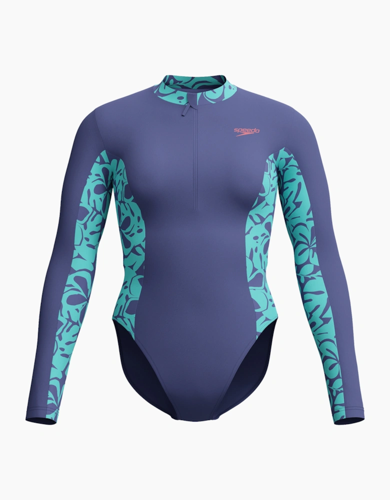 Speedo Womens/Ladies Panel Half Zip Long-Sleeved One Piece Swimsuit
