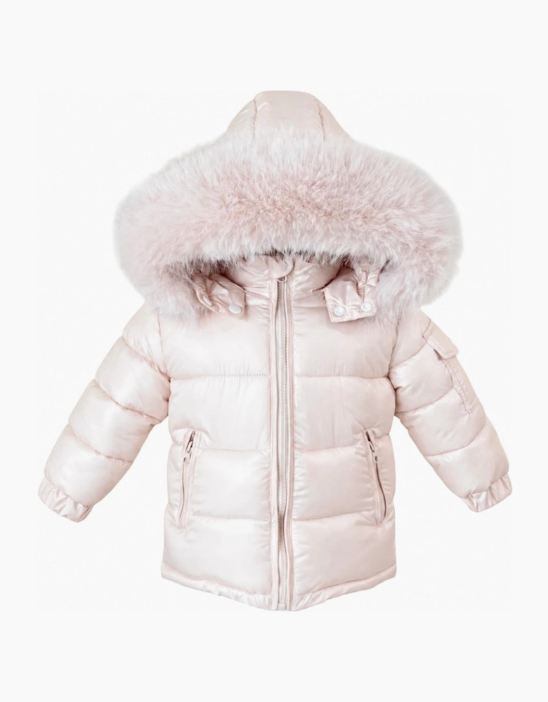 Girls Peach Faux Fur Puffer Coat