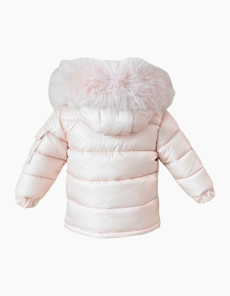 Girls Peach Faux Fur Puffer Coat