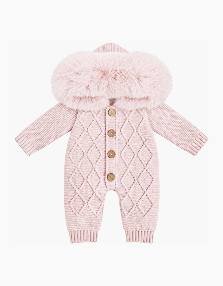 Girls Pink Knit Faux Fur Pramsuit