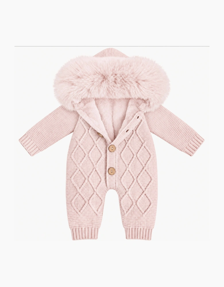 Girls Pink Knit Faux Fur Pramsuit
