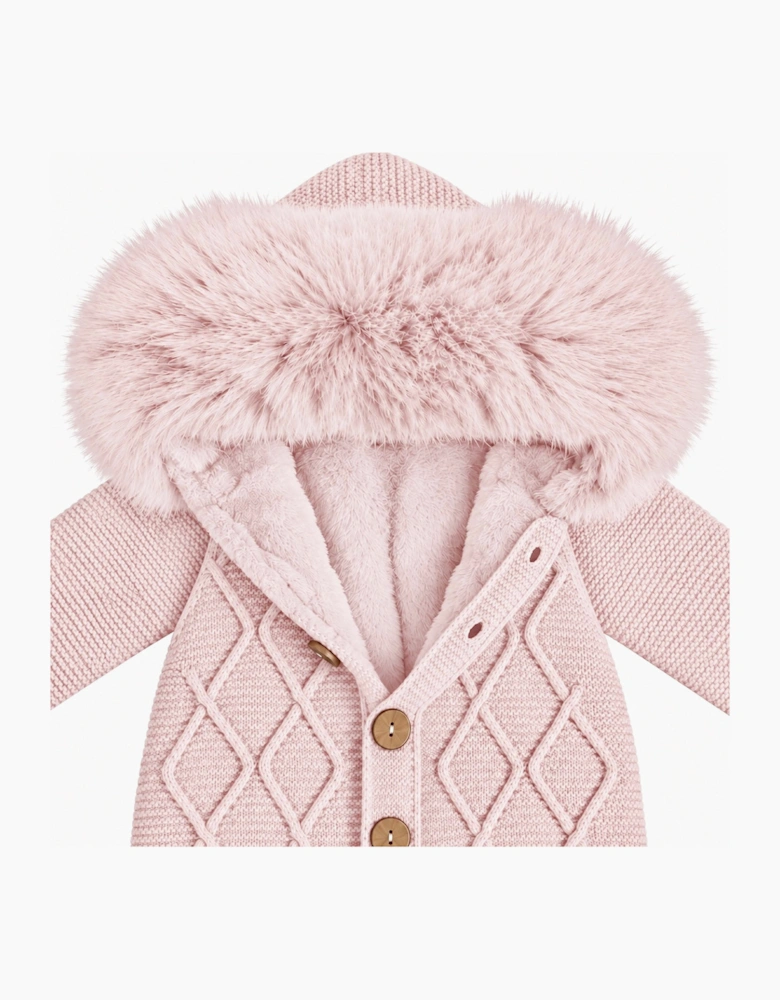 Girls Pink Knit Faux Fur Pramsuit