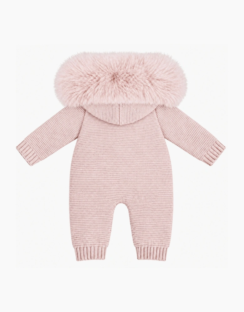 Girls Pink Knit Faux Fur Pramsuit