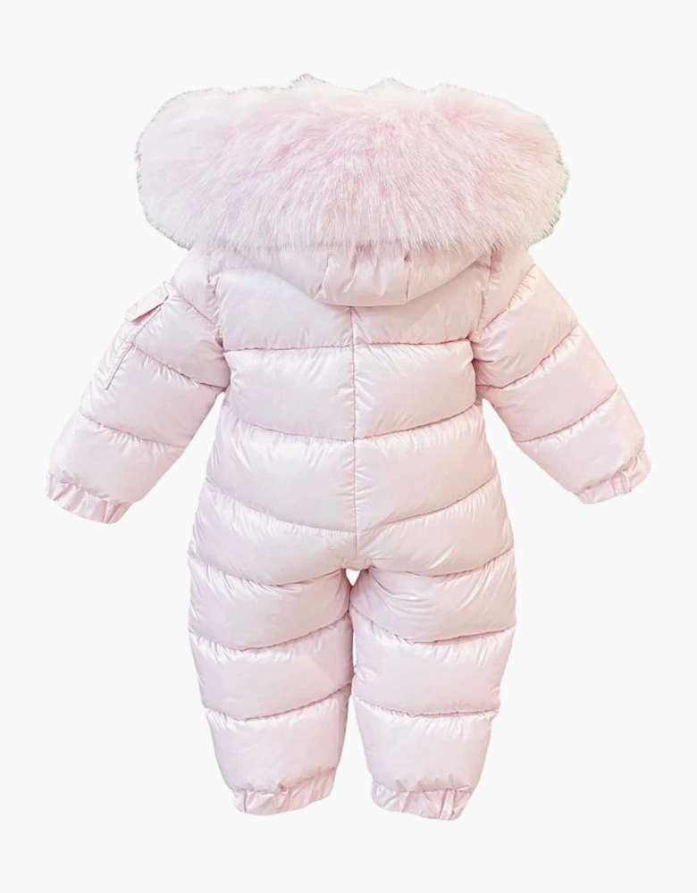 Girls Pink Faux Fur Puffer Snowsuit