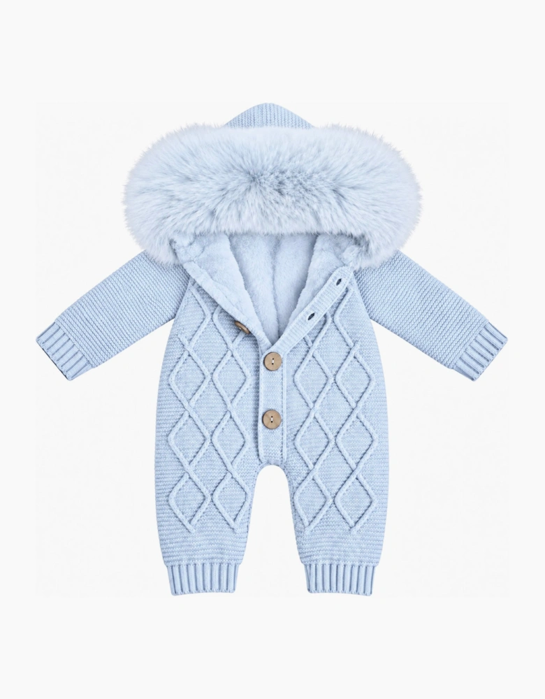 Boys Pale Blue Knit Faux Fur Pramsuit