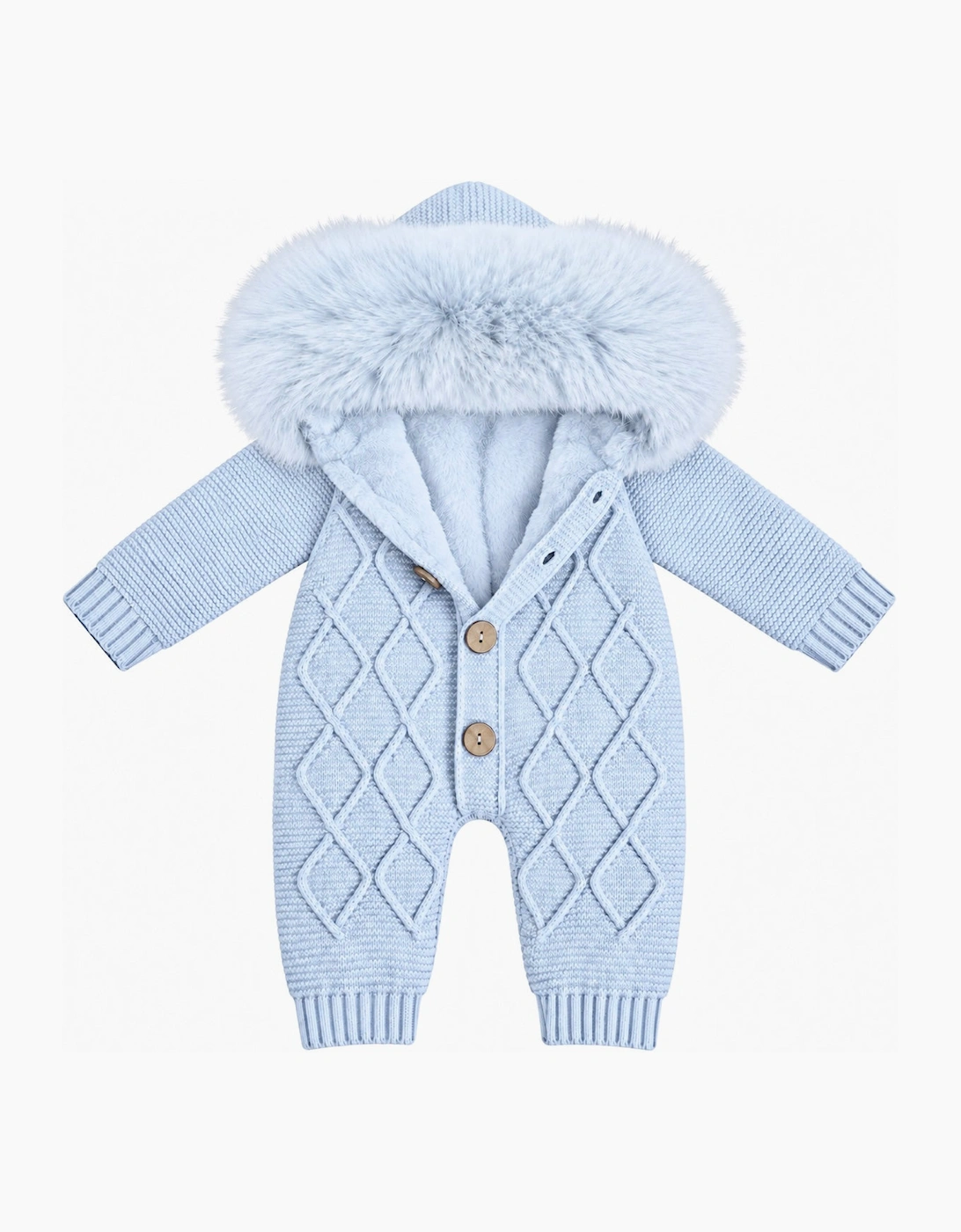Boys Pale Blue Knit Faux Fur Pramsuit