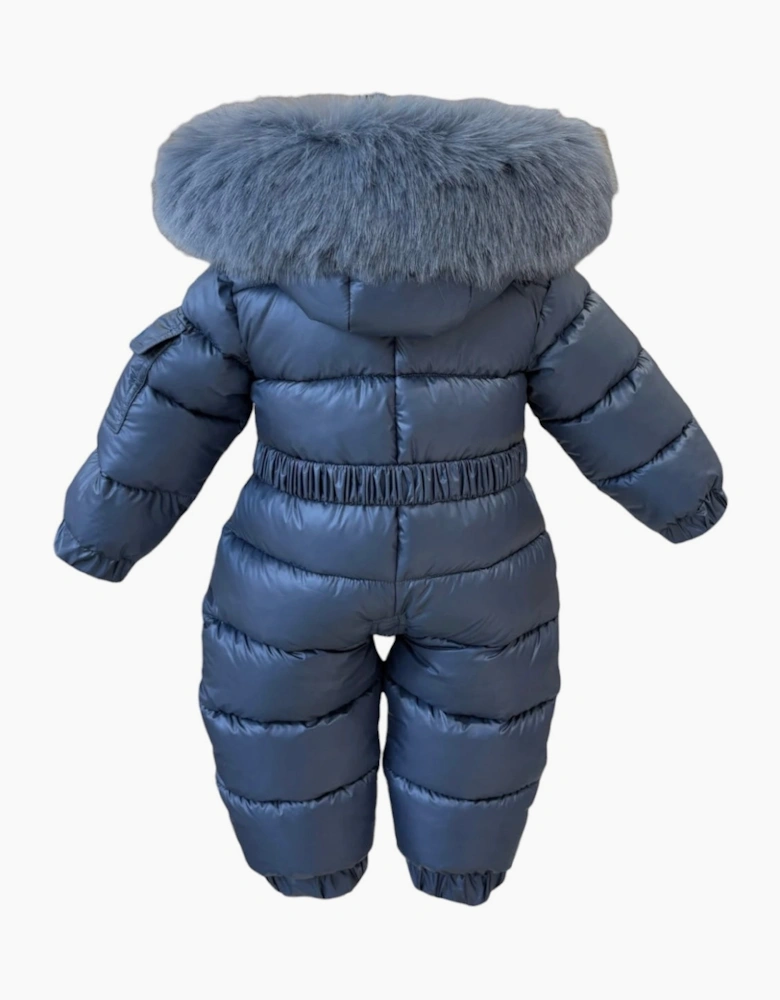 Boys Navy Blue Faux Fur Puffer Snowsuit