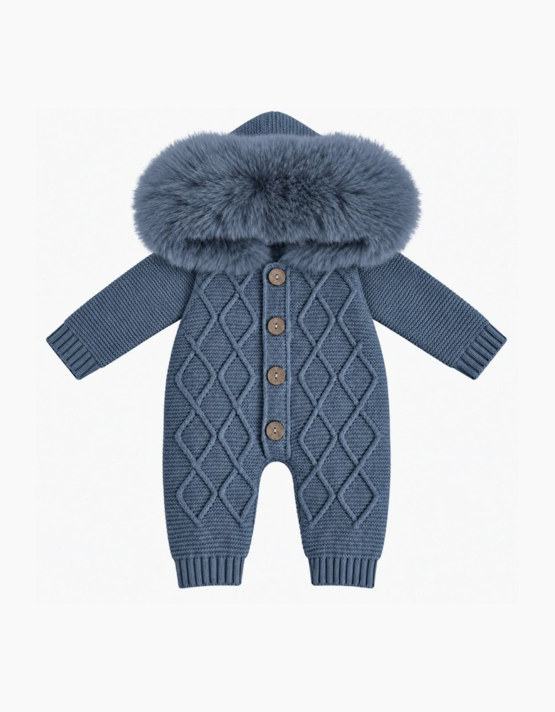 Boys Navy Blue Knit Faux Fur Pramsuit