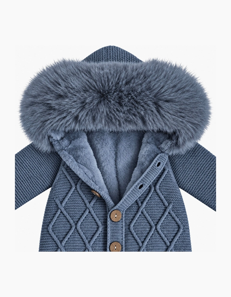 Boys Navy Blue Knit Faux Fur Pramsuit