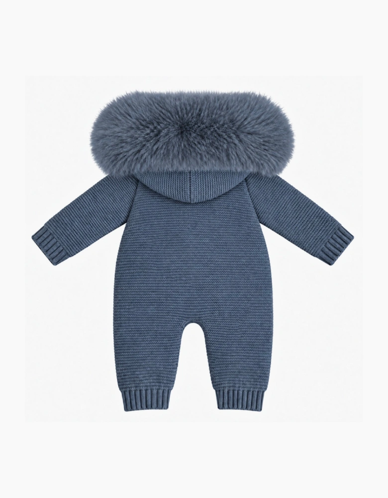Boys Navy Blue Knit Faux Fur Pramsuit