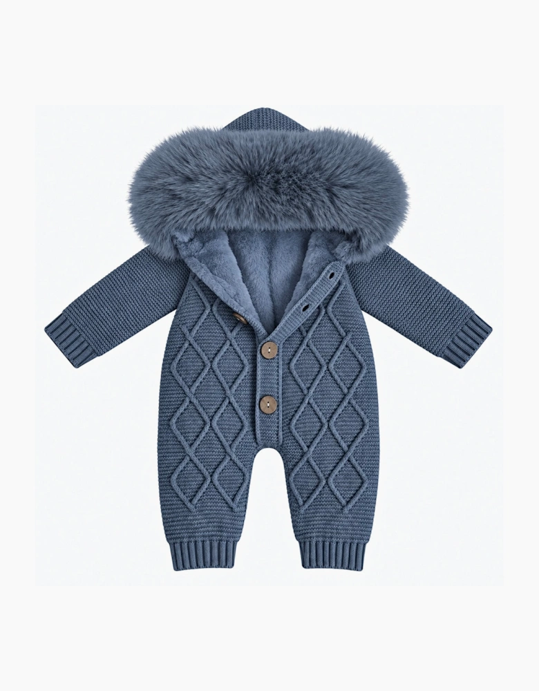 Boys Navy Blue Knit Faux Fur Pramsuit