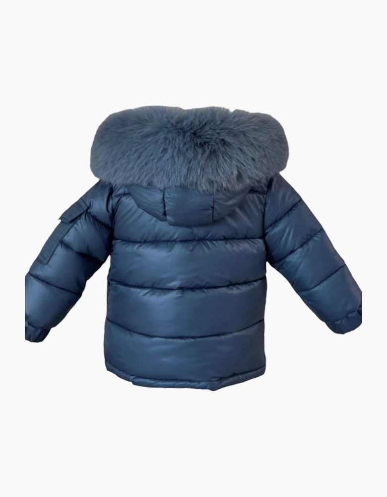 Boys Navy Blue Faux Fur Puffer Coat