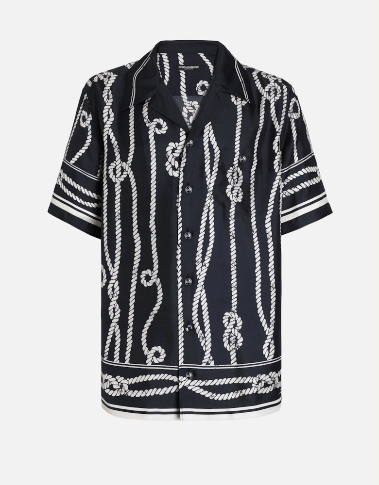 Printed Silk Bowling Shirt Navy
