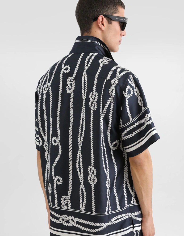 Printed Silk Bowling Shirt Navy