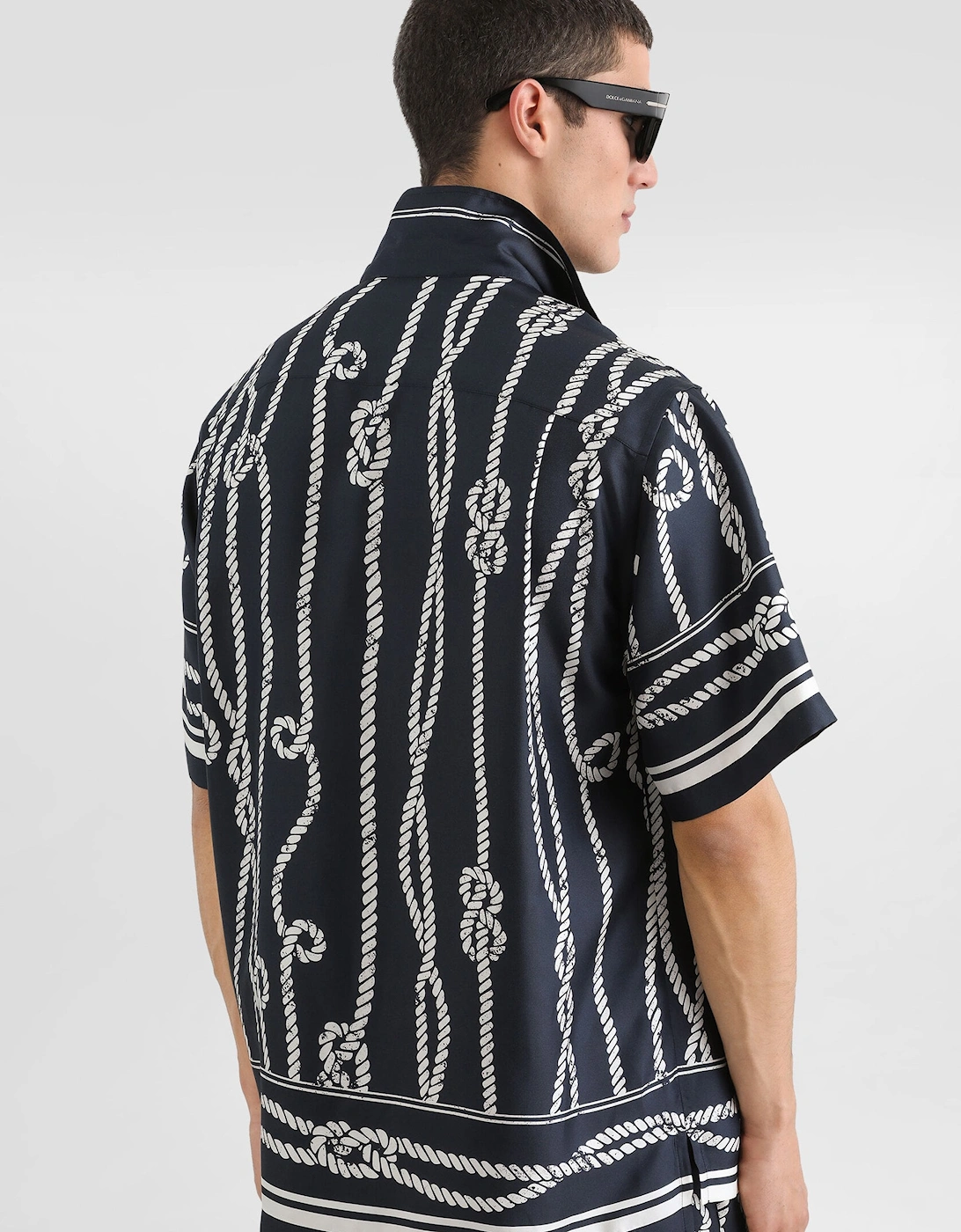 Printed Silk Bowling Shirt Navy