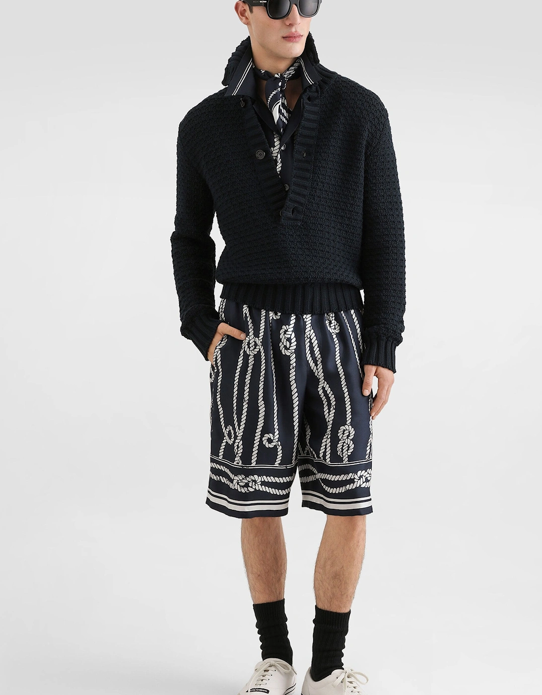 Printed Silk Bowling Shirt Navy