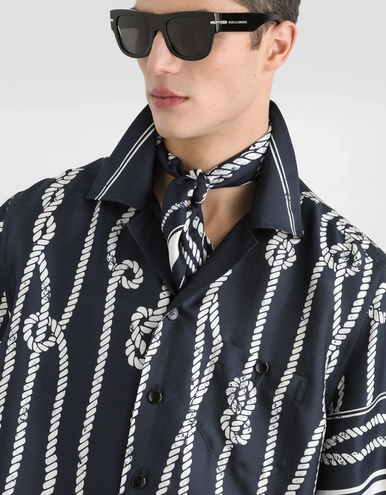 Printed Silk Bowling Shirt Navy