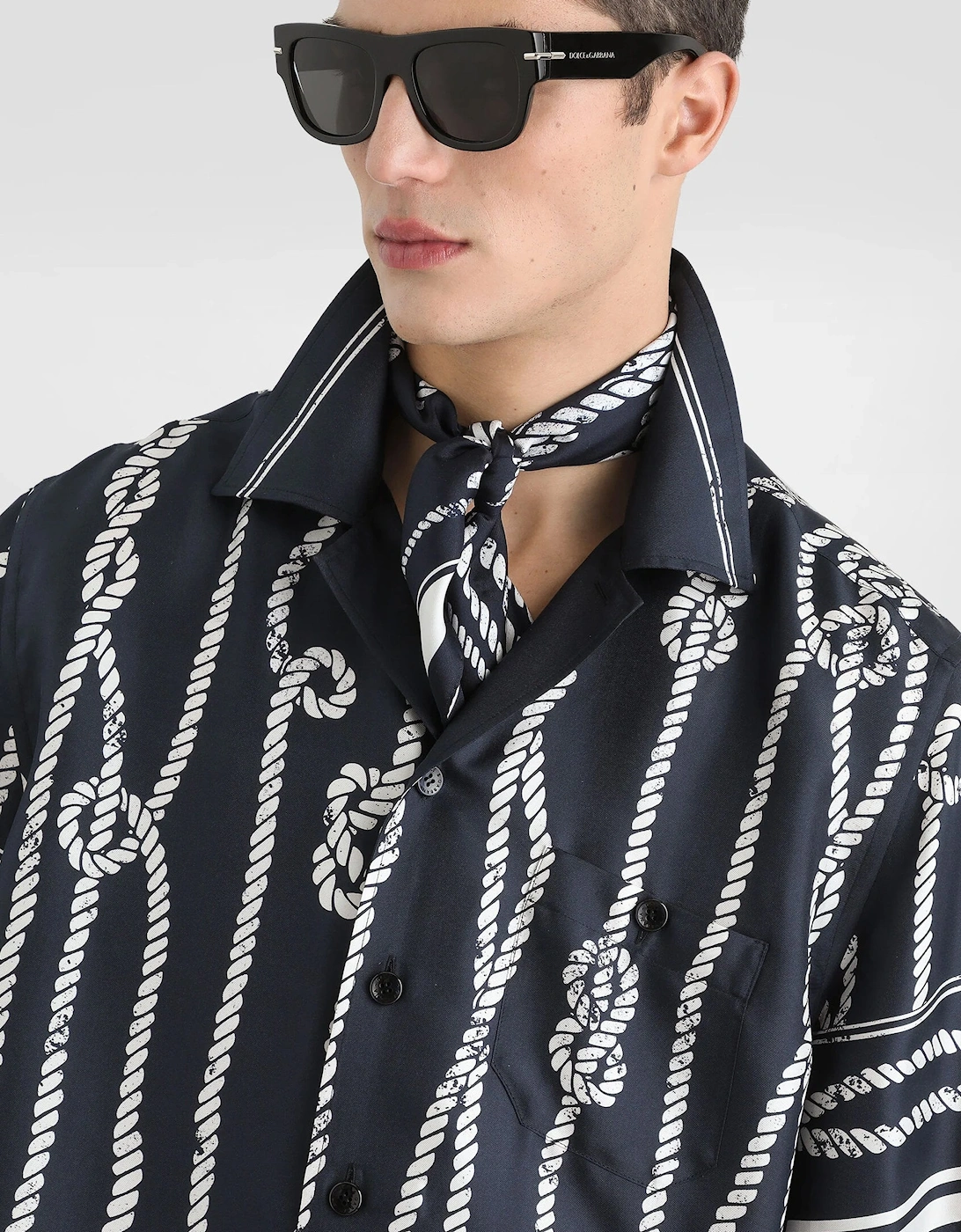 Printed Silk Bowling Shirt Navy
