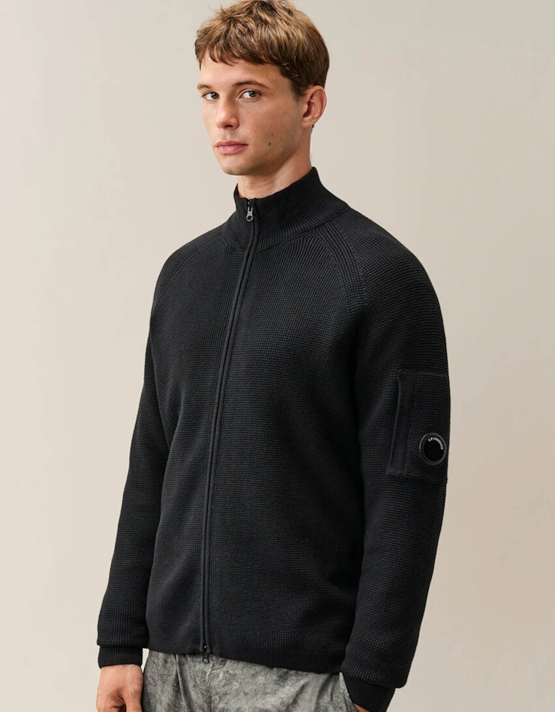 Cotton Waffle Knit Lens Cardigan Black