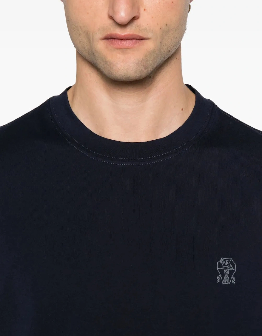Brunello Cucinelli Logo Print Cotton Jersey T-Shirt Navy Blue