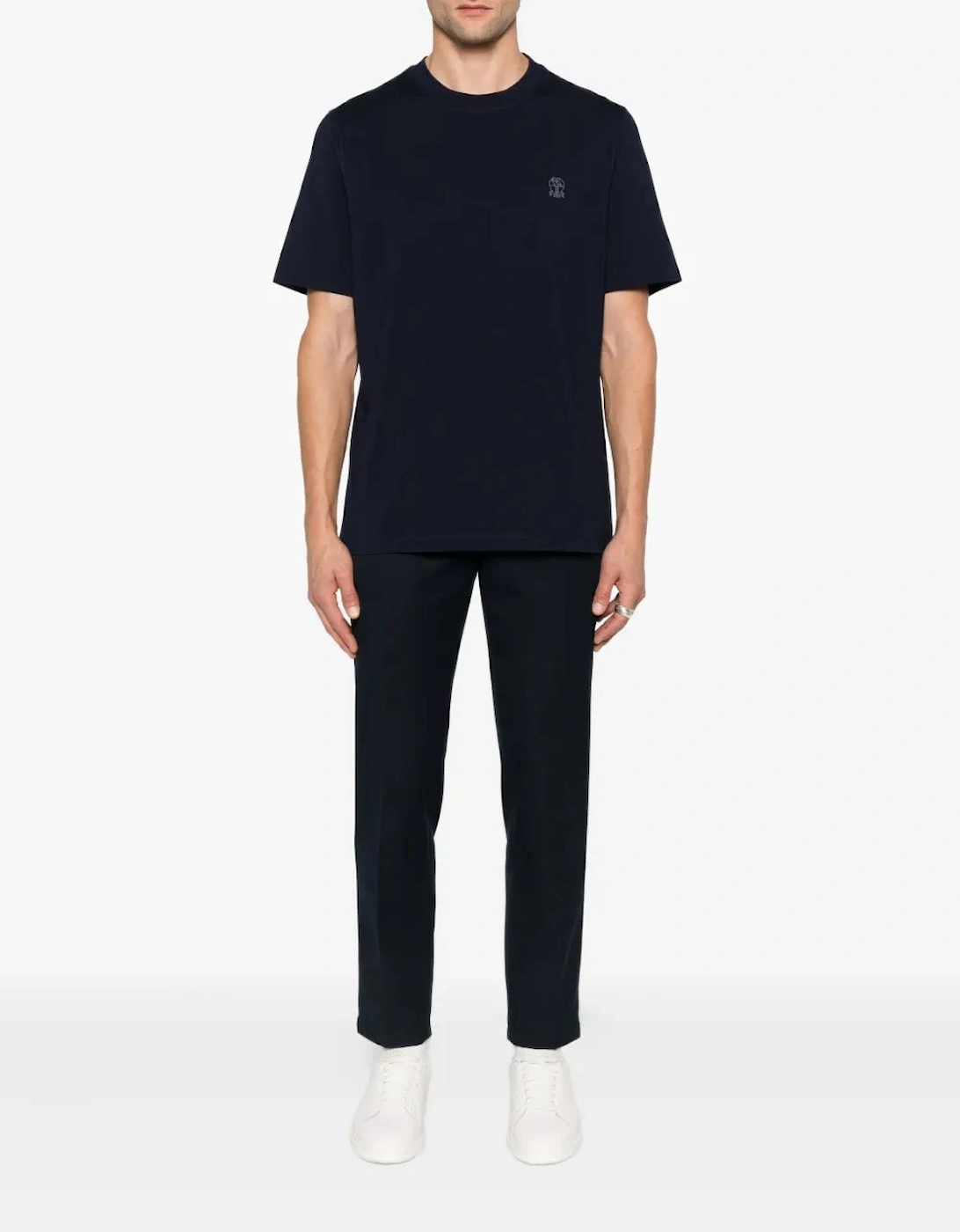 Brunello Cucinelli Logo Print Cotton Jersey T-Shirt Navy Blue