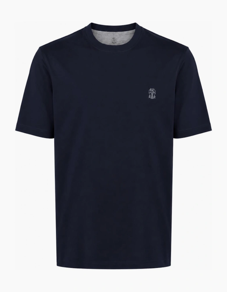 Brunello Cucinelli Logo Print Cotton Jersey T-Shirt Navy Blue