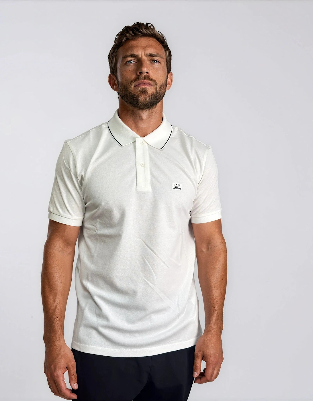 CP Company Stretch Piquet Striped Collar Polo Shirt White