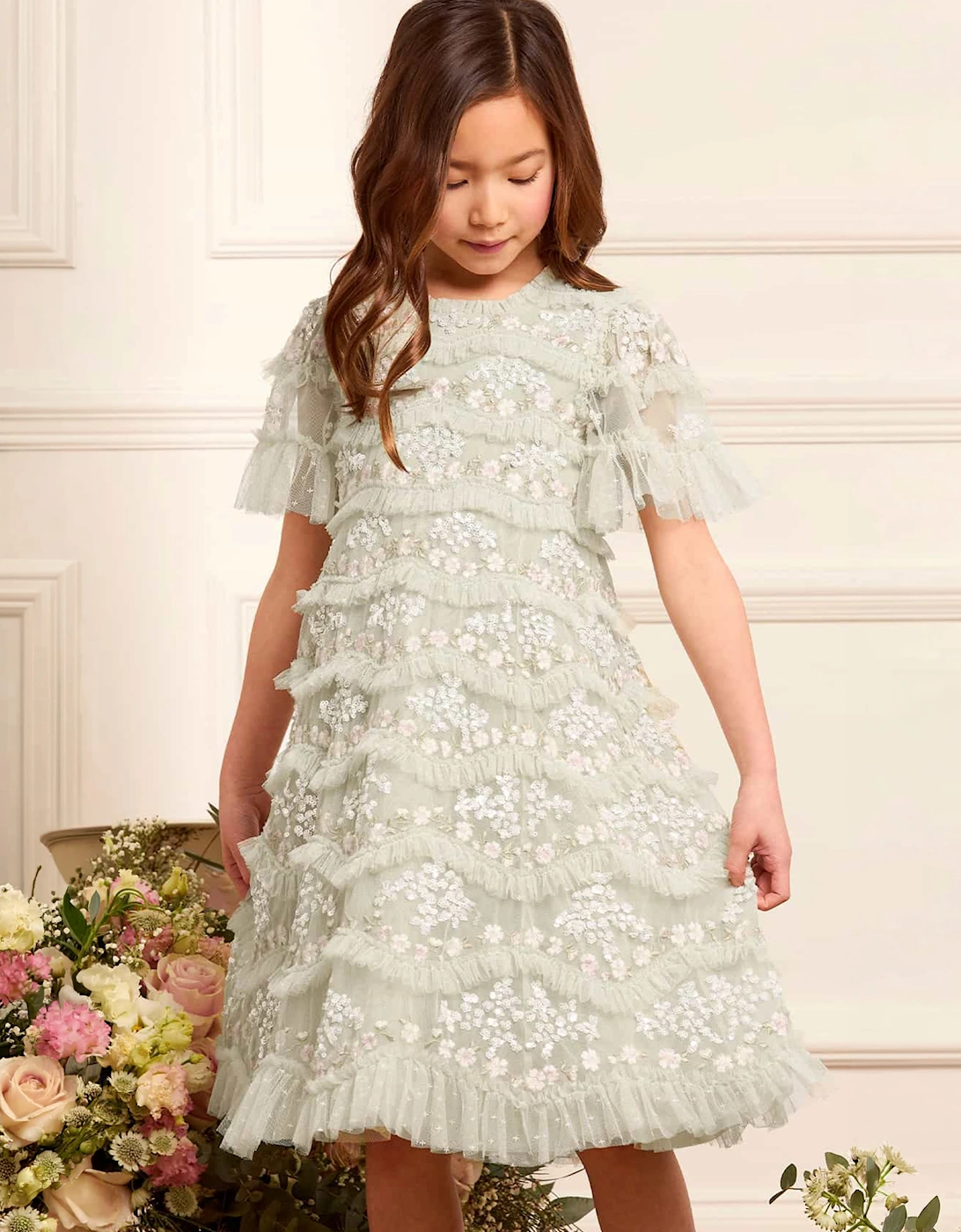 Needle & Thread Girls Daisy Wave Dress in Green