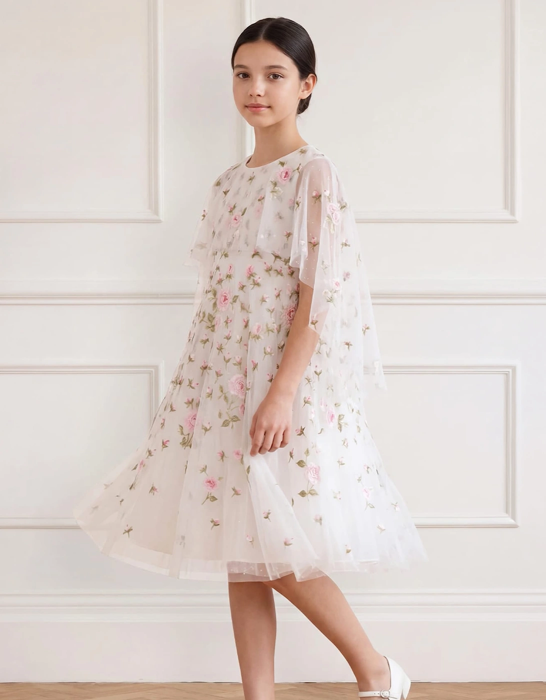 Needle & Thread Girls Rose Bloom Cape Dress in White