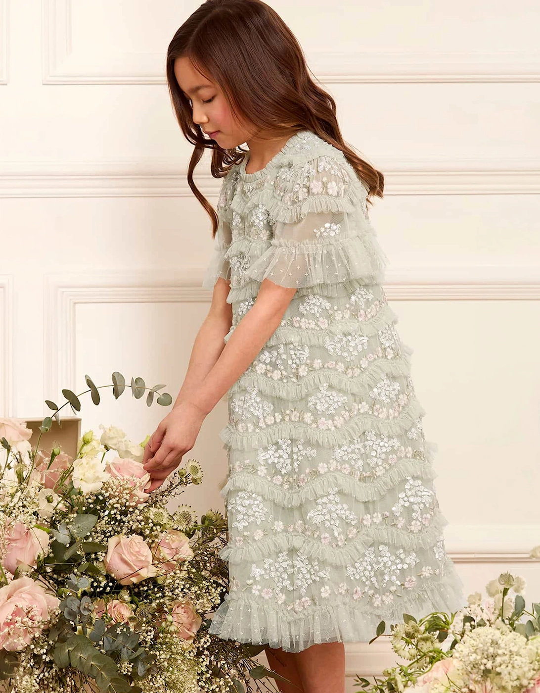 Needle & Thread Girls Daisy Wave Dress in Green