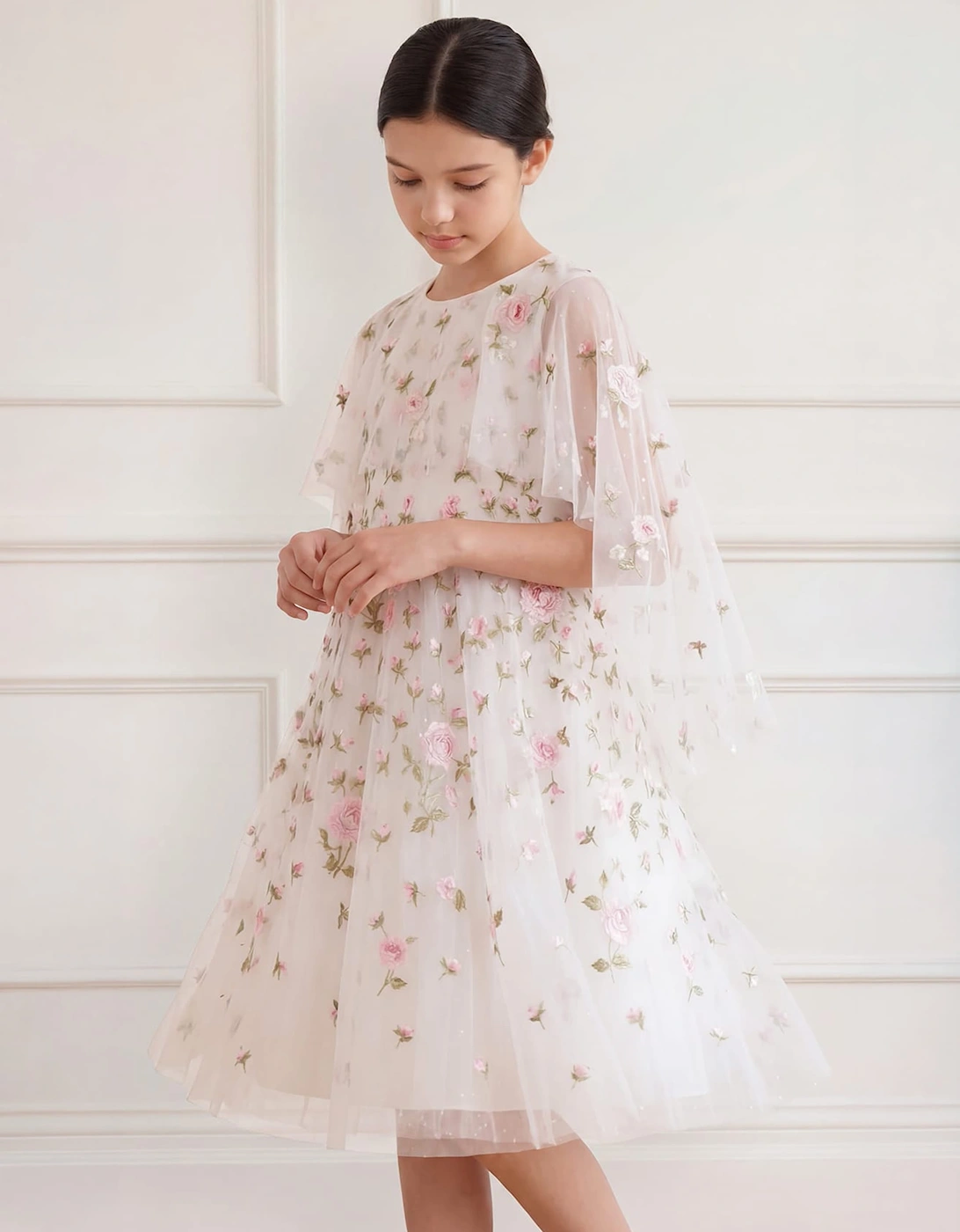 Needle & Thread Girls Rose Bloom Cape Dress in White