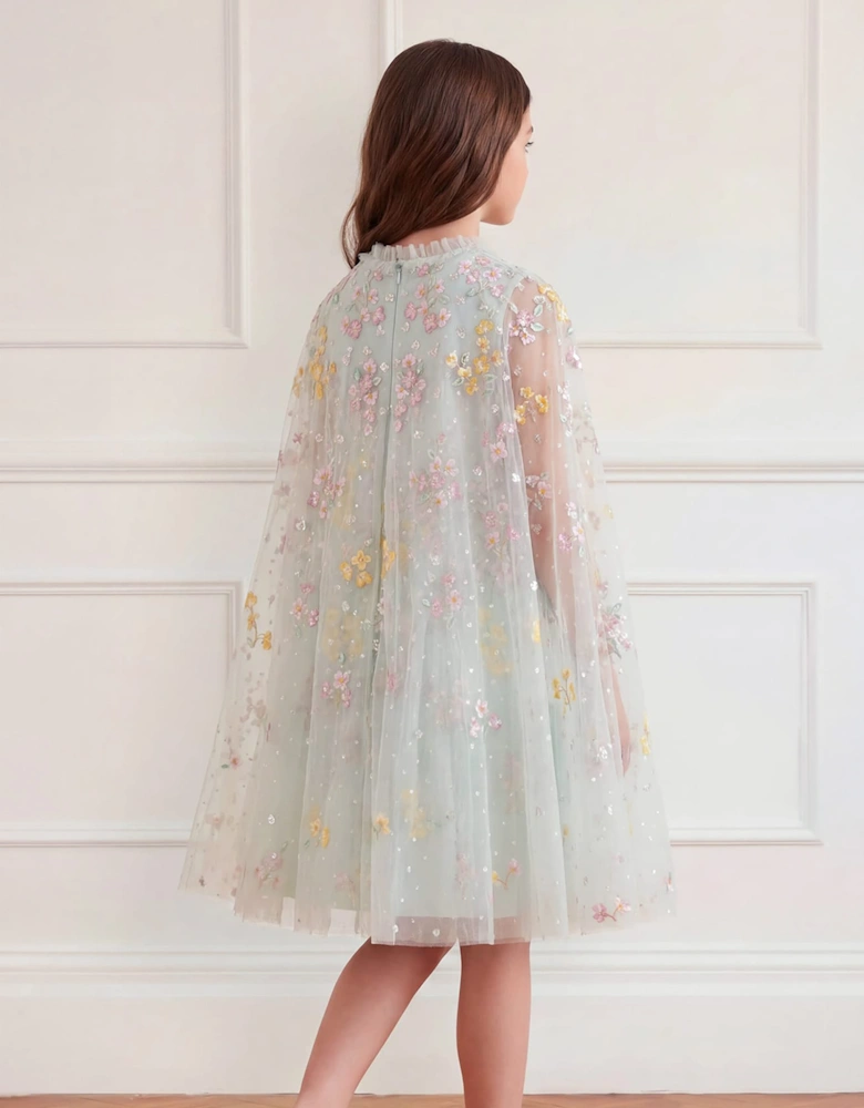 Needle & Thread Girls Versailles Ditsy Cape Dress in Green