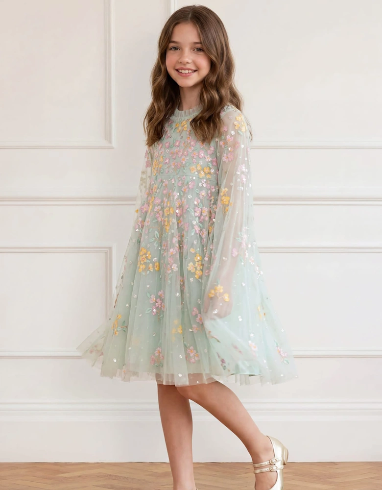 Needle & Thread Girls Versailles Ditsy Cape Dress in Green