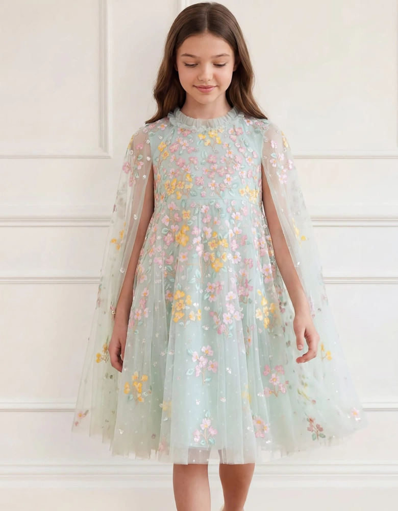 Needle & Thread Girls Versailles Ditsy Cape Dress in Green