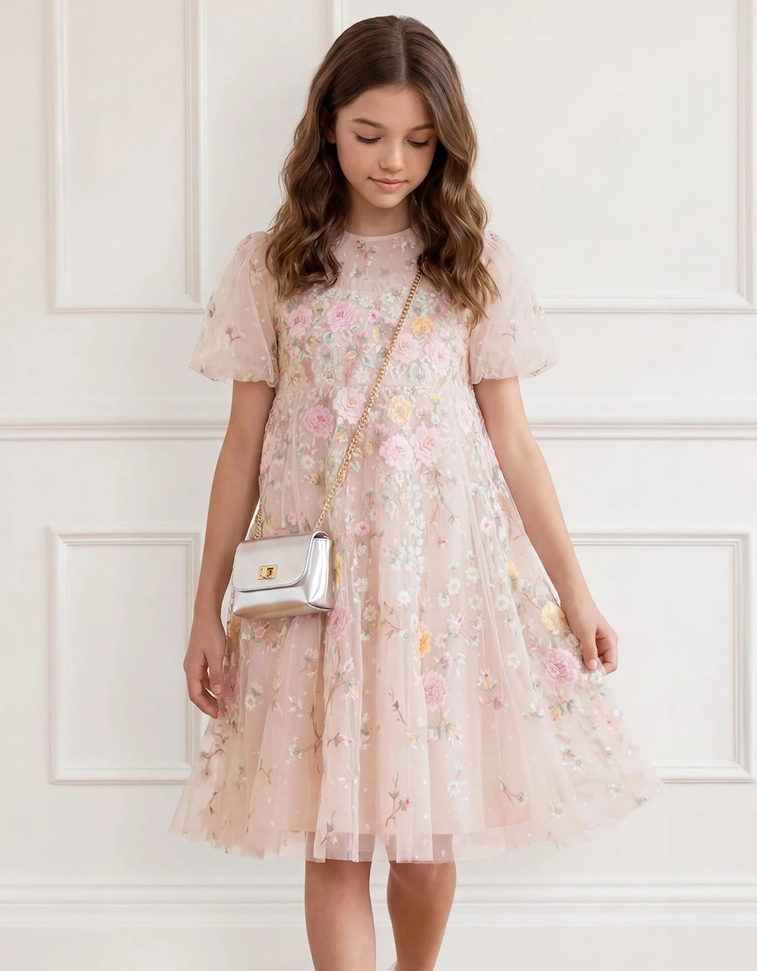 Needle & Thread Girls Garden Rose Puff Sleeve Dress in Ivory
