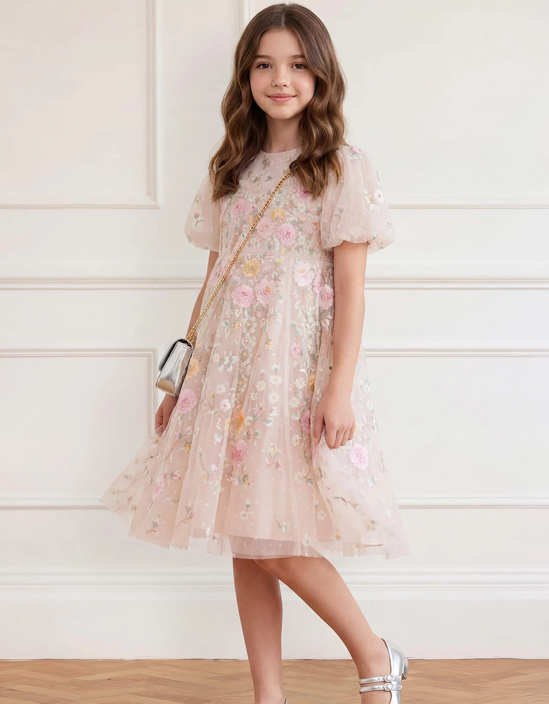 Needle & Thread Girls Garden Rose Puff Sleeve Dress in Ivory