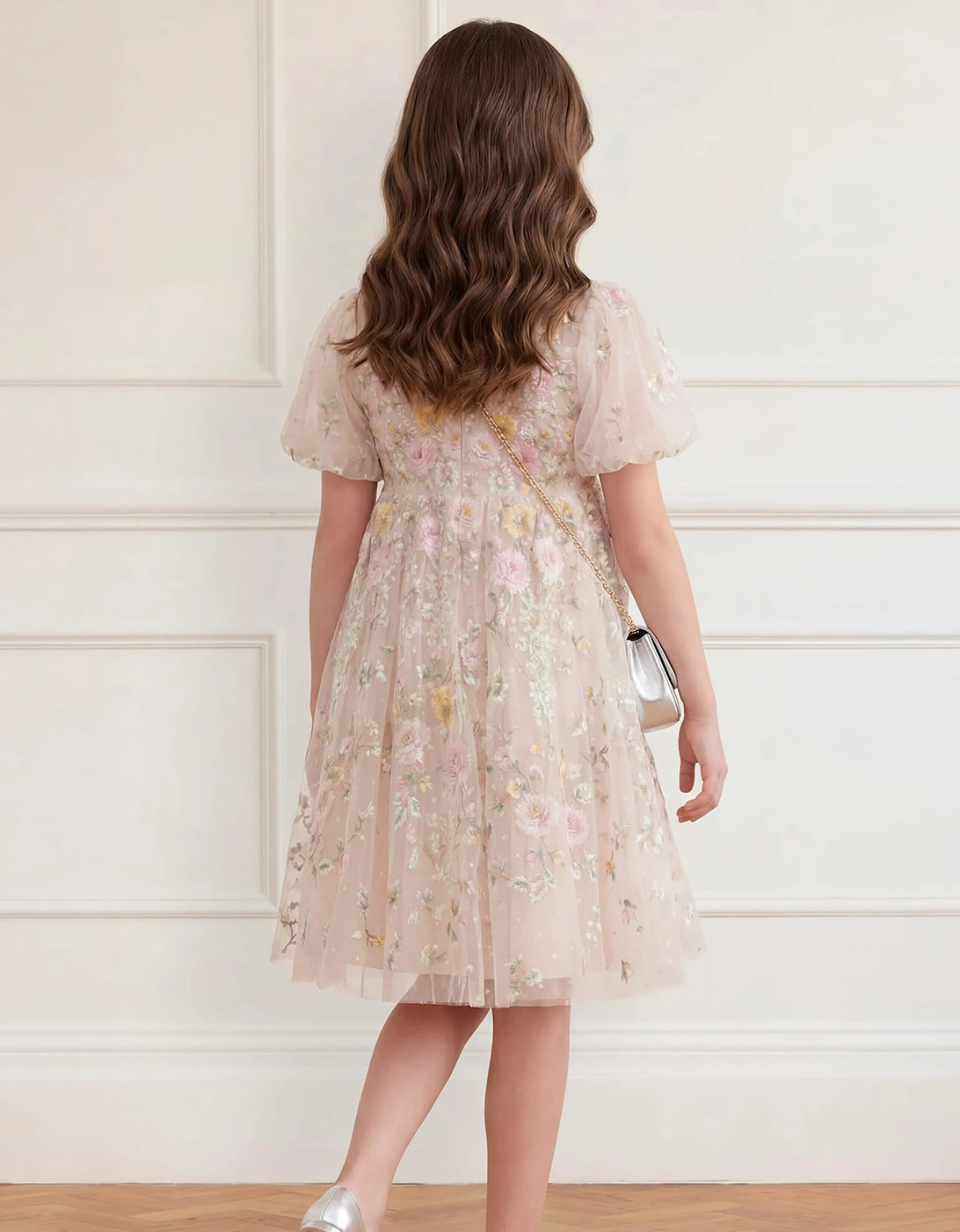 Needle & Thread Girls Garden Rose Puff Sleeve Dress in Ivory
