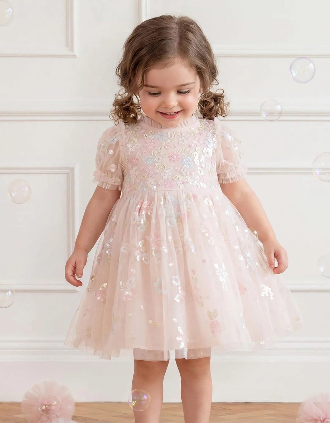 Needle & Thread Baby Girls Sequin Bloom Dress in Ivory