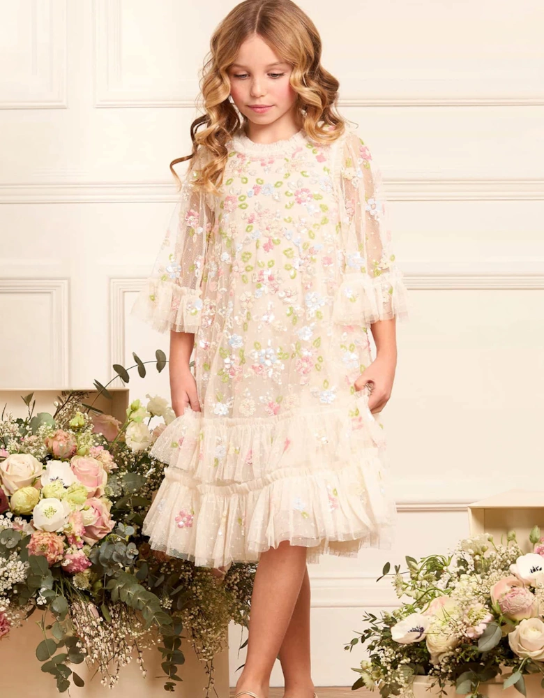 Needle & Thread Girls Sequin Bloom Dress in Ivory