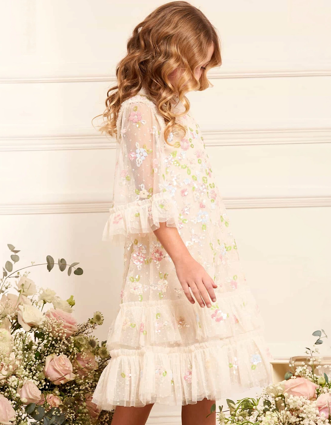 Needle & Thread Girls Sequin Bloom Dress in Ivory