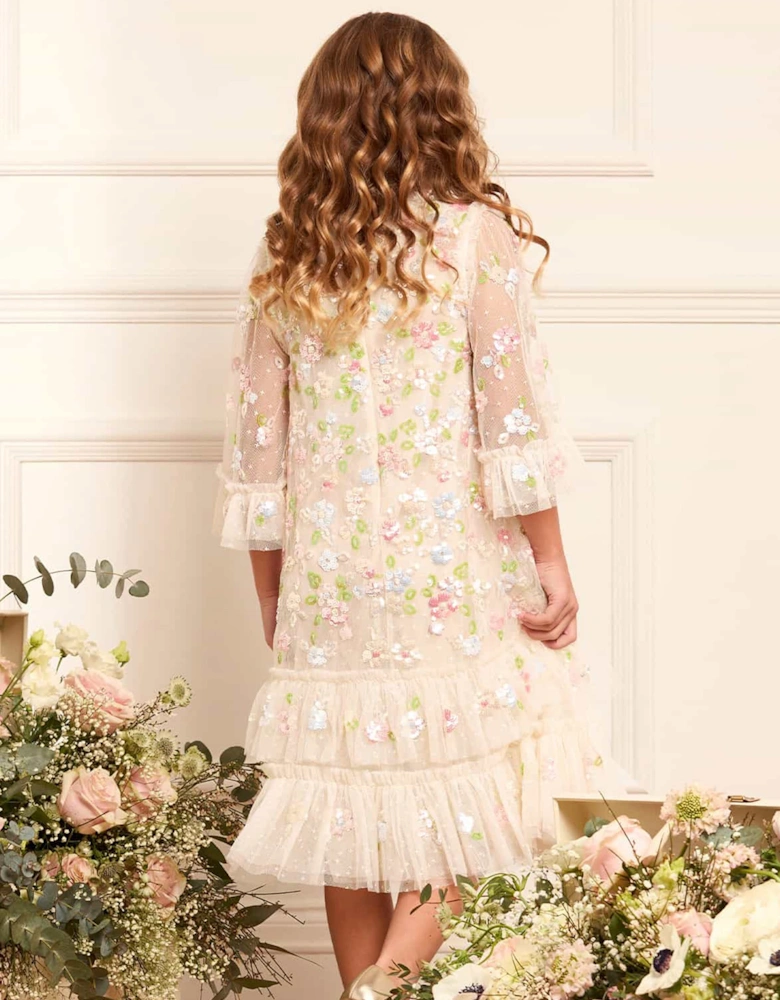 Needle & Thread Girls Sequin Bloom Dress in Ivory