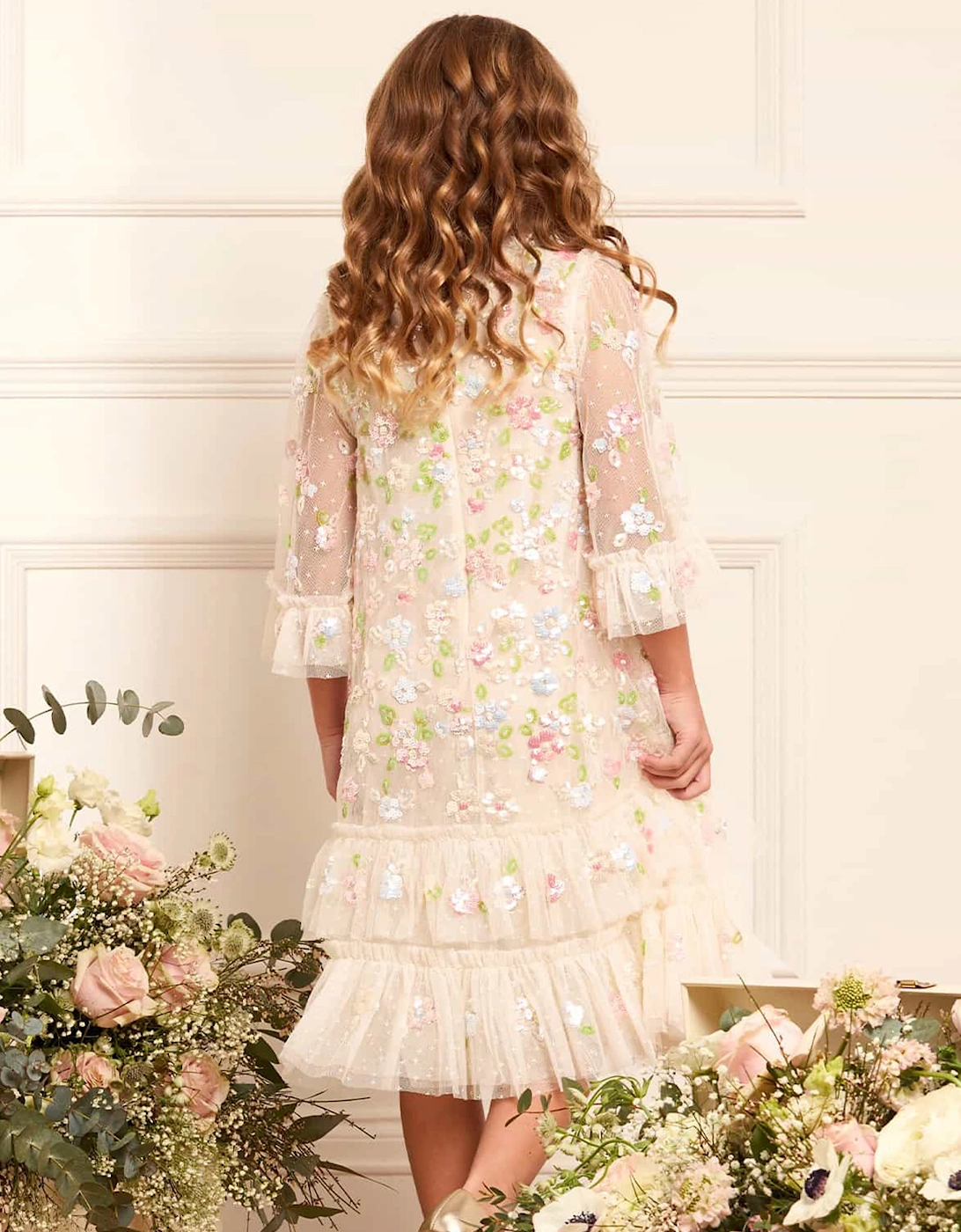Needle & Thread Girls Sequin Bloom Dress in Ivory