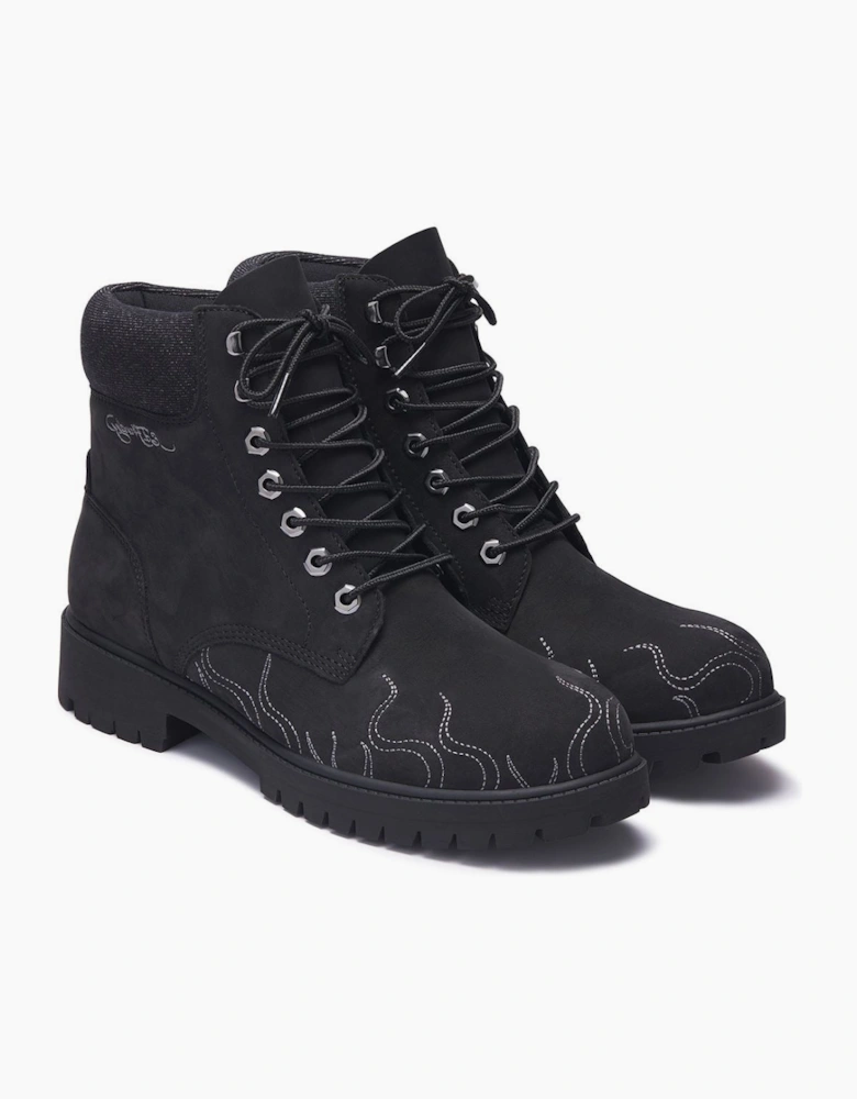 Ed Hardy Embroidered Flames Nubuck Men's Black Boots